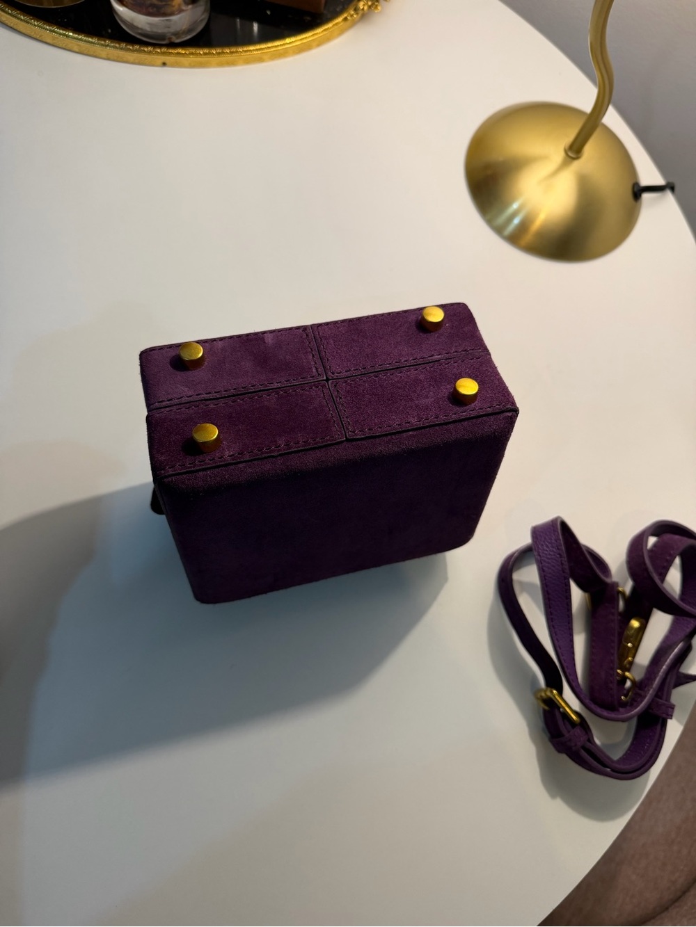 Brandon Blackwood Deep Purple Suede Top Handle Box Bag with Gold Hardware - Picture 9 of 10